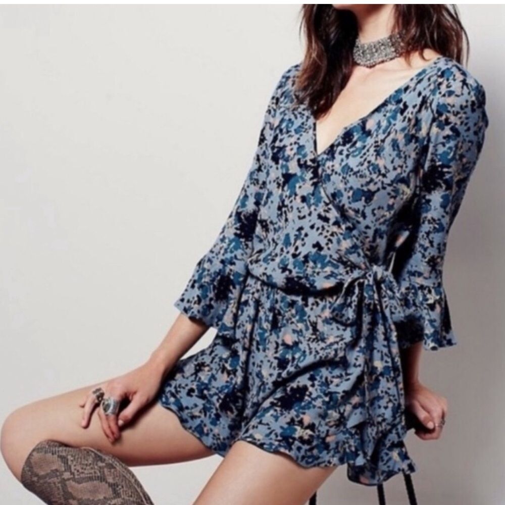 Free People Blue Floral Wrap Romper